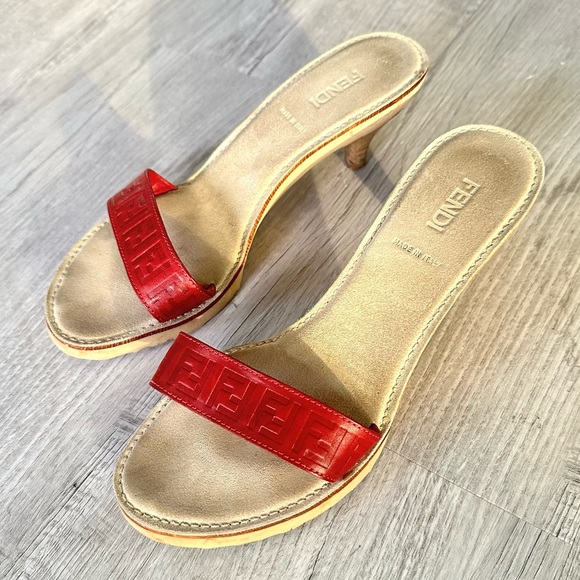 FENDI Vintage Zucca FF Logo Kitten Heels Sandals Slides - Picture 2 of 7